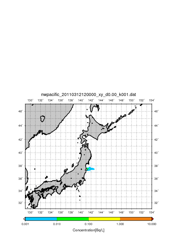 日本近海でのCs-131表層濃度分布の予測2D動画