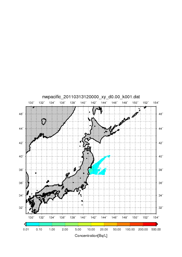 日本近海でのI-131表層濃度分布の予測2D動画